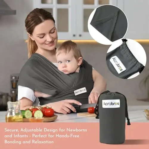 Acrabros Baby Wrap Carrier,Hands Free Baby Carrier Sling,Lightweight,Breathable,Softness,Perfect for Newborn Infants and Babies Shower Gift,Dark Grey - 5