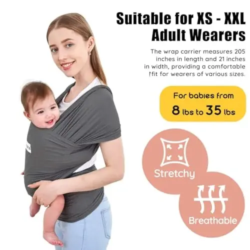 Acrabros Baby Wrap Carrier,Hands Free Baby Carrier Sling,Lightweight,Breathable,Softness,Perfect for Newborn Infants and Babies Shower Gift,Heather Grey - 2