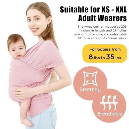 Acrabros Baby Wrap Carrier,Hands Free Baby Carrier Sling,Lightweight,Breathable,Softness,Perfect for Newborn Infants and Babies Shower Gift,Pink - ACRABROS (1)