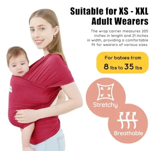 Acrabros Baby Wrap Carrier,Hands Free Baby Carrier Sling,Lightweight,Breathable,Softness,Perfect for Newborn Infants and Babies Shower Gift,Royal Red - 2