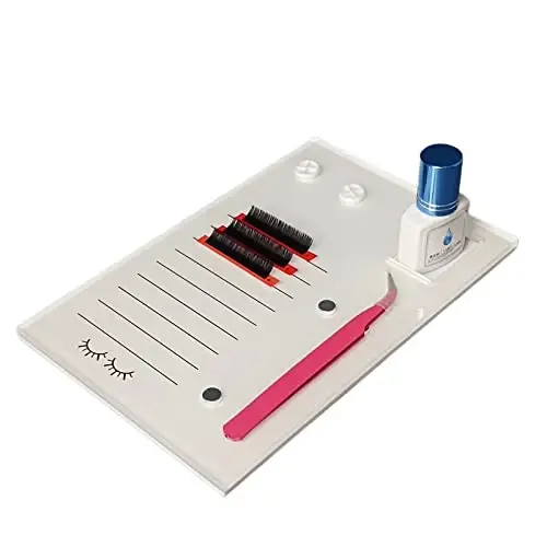 Acrylic Eyelash Grafting Pallet, Lash Tile holder, Bigger Size Glue Cups Eyelash Extensions Storage Gasket Pads with Magnetic Suction for 2 Tweezers (White-7.87x5.12in) - 1