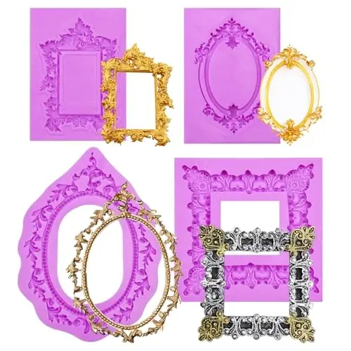 Acvcatto Silikon Rasm Frame Qoliplari, Vintage Ornate Baroque Fondant Qoliplari, Qatron quyish va shokoladli tortlarni bezash uchun 4 ta to'plam - 1