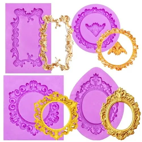 Acvcatto Vintage Baroque Frame Silicone Molds, 4-Piece Photo Frame Fondant Mold for Cupcake Topper Chocolate Candy Polymer Clay Gum Paste Resin Crafts, DIY Jewelry Making - 1