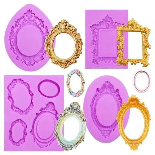 Acvcatto Vintage Frame Silicone Molds, Ornate Baroque Picture Frame Fondant Molds, for Resin Casting Cake Decorating Cupcake Topper Chocolate Candy Polymer Clay Gum Paste Set of 4 