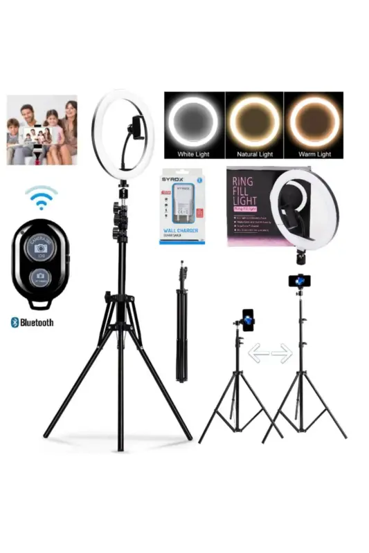 Adaptorli Bluetooth Pultli 10 Dyumli Ring Light Youtuber Tiktok Suratga Olish Makiyaj Chirog'i 2.1 Mt Tripod-A.K 10 QORA - 1