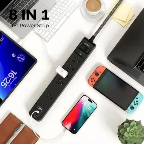 Addtam 2 Pack Power Strip Surge Protector – 5 Wide Spaced Outlets 3 USB | 2 USB-C Charging Port, 1875W/15A, 25ft Braided Cord, Flat Plug, Overload Surge Protection, Wall Mount for Home, Office & Dorm - 4