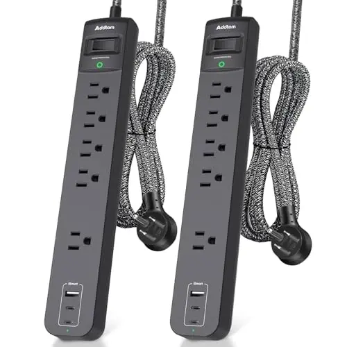 Addtam 2 Pack Power Strip Surge Protector – 5 Wide Spaced Outlets 3 USB | 2 USB-C Charging Port, 1875W/15A, 25ft Braided Cord, Flat Plug, Overload Surge Protection, Wall Mount for Home, Office & Dorm - 5