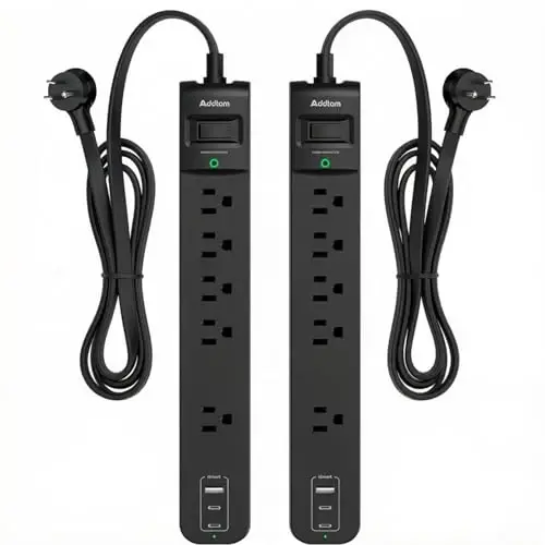 Addtam 2 Pack Power Strip Surge Protector – 5 Wide Spaced Outlets 3 USB | 2 USB-C Charging Ports, 1875W/15A, 10ft Extension Cord, Flat Plug, 1080J Surge Protection, Wall Mount for Home, Office & Dorm - 1