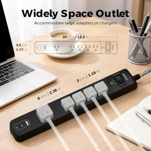 Addtam 2 Pack Power Strip Surge Protector – 5 Wide Spaced Outlets 3 USB | 2 USB-C Charging Ports, 1875W/15A, 15ft Braided Cord, Flat Plug, Overload Surge Protection, Wall Mount for Home Office Dorm - ADDTAM (1)