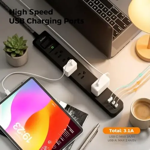 Addtam 2 Pack Power Strip Surge Protector – 5 Wide Spaced Outlets 3 USB | 2 USB-C Charging Ports, 1875W/15A, 3ft Braided Cord, Flat Plug, Overload Surge Protection, Wall Mount for Home, Office & Dorm - 1