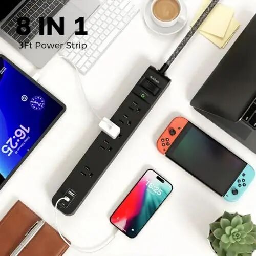 Addtam 2 Pack Power Strip Surge Protector – 5 Wide Spaced Outlets 3 USB | 2 USB-C Charging Ports, 1875W/15A, 3ft Braided Cord, Flat Plug, Overload Surge Protection, Wall Mount for Home, Office & Dorm - 2