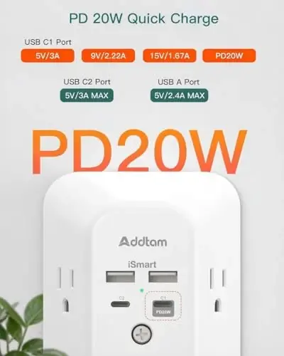 Addtam 5-Outlet Extender Surge Protector, Multi Plug Wall Outlet with 4 USB Wall Charger(PD 20W), Outlet Splitter Power Strip for Home Office Dorm Room Essentials, Plug Extension Outlet 1800J - 3