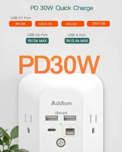 Addtam 5-Outlet Extender Surge Protector, Multi Plug Wall Outlet with 4 USB Wall Charger(PD 30W), Outlet Splitter Power Strip for Home Office Dorm Room Essentials, Plug Extension Outlet 1800J - 3
