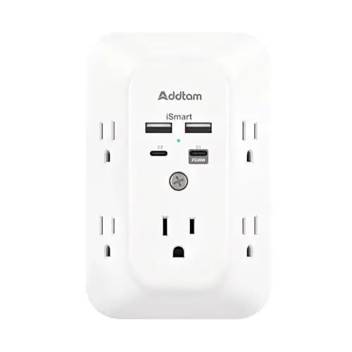 Addtam 5-Outlet Extender Surge Protector, Multi Plug Wall Outlet with 4 USB Wall Charger(PD 20W), Outlet Splitter Power Strip for Home Office Dorm Room Essentials, Plug Extension Outlet 1800J - 1