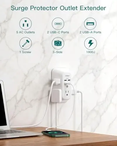 Addtam 5-Outlet Extender Surge Protector, Multi Plug Wall Outlet with 4 USB Wall Charger(PD 20W), Outlet Splitter Power Strip for Home Office Dorm Room Essentials, Plug Extension Outlet 1800J - ADDTAM (1)