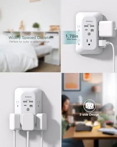 Addtam 5-Outlet Extender Surge Protector, Multi Plug Wall Outlet with 4 USB Wall Charger(PD 20W), Outlet Splitter Power Strip for Home Office Dorm Room Essentials, Plug Extension Outlet 1800J - 4