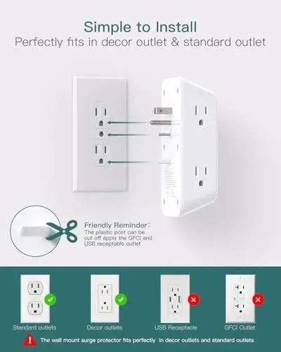 Addtam 5-Outlet Extender Surge Protector, Multi Plug Wall Outlet with 4 USB Wall Charger(PD 20W), Outlet Splitter Power Strip for Home Office Dorm Room Essentials, Plug Extension Outlet 1800J - 5