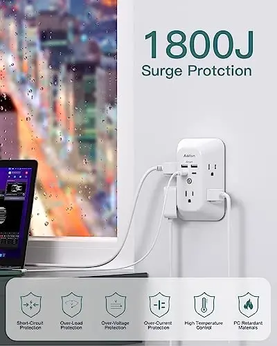 Addtam 5-Outlet Extender Surge Protector, Multi Plug Wall Outlet with 4 USB Wall Charger(PD 20W), Outlet Splitter Power Strip for Home Office Dorm Room Essentials, Plug Extension Outlet 1800J - 6