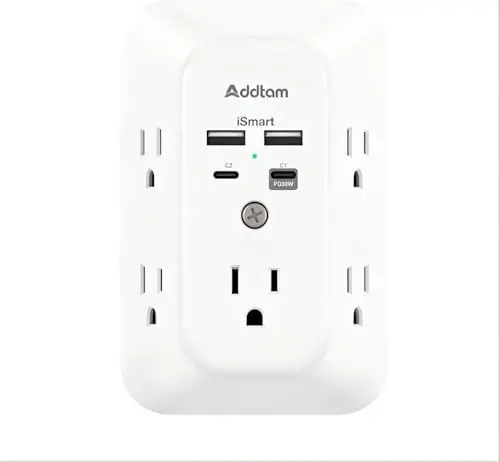 Addtam 5-Outlet Extender Surge Protector, Multi Plug Wall Outlet with 4 USB Wall Charger(PD 30W), Outlet Splitter Power Strip for Home Office Dorm Room Essentials, Plug Extension Outlet 1800J - ADDTAM