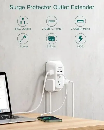 Addtam 5-Outlet Extender Surge Protector, Multi Plug Wall Outlet with 4 USB Wall Charger(PD 30W), Outlet Splitter Power Strip for Home Office Dorm Room Essentials, Plug Extension Outlet 1800J - ADDTAM (1)