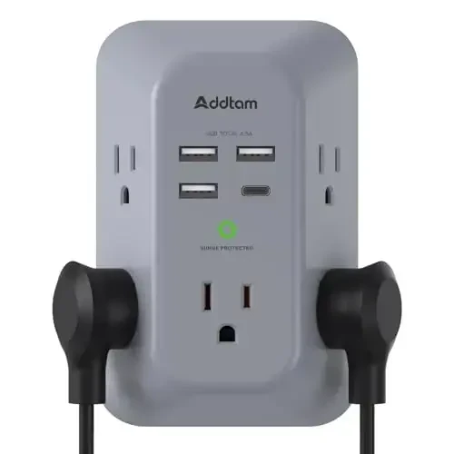 Addtam Surge Protector Outlet Extender, Multi Plug Wall Outlet with 4 USB Ports(1 USB-C), 3-Sided 1800J Power Strip Plug Extension Outlet Splitter, Gray 