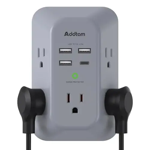 Addtam USB Wall Charger Surge Protector 5 Outlet Extender with 4 USB Charging Ports (1 USB C Outlet) 3 Sided 1800J Power Strip Multi Plug Outlets Wall Adapter Spaced for Home Travel Office ETL Listed - 1