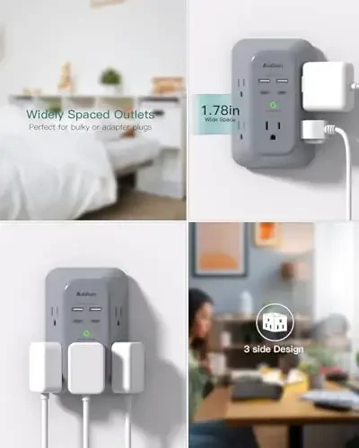 Addtam Surge Protector Outlet Extender, Multi Plug Wall Outlet with 4 USB Ports(PD 20W), 3-Sided 1800J Power Strip Plug Extension Outlet Splitter, Gray - 3