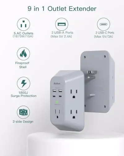 Addtam Surge Protector Outlet Extender, Multi Plug Wall Outlet with 4 USB Ports(PD 20W), 3-Sided 1800J Power Strip Plug Extension Outlet Splitter, Gray - ADDTAM (1)