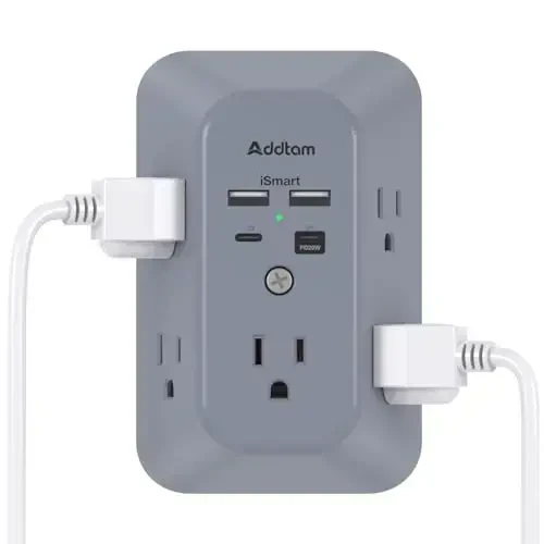 Addtam Surge Protector Outlet Extender, Multi Plug Wall Outlet with 4 USB Ports(PD 20W), 3-Sided 1800J Power Strip Plug Extension Outlet Splitter, Gray - 1