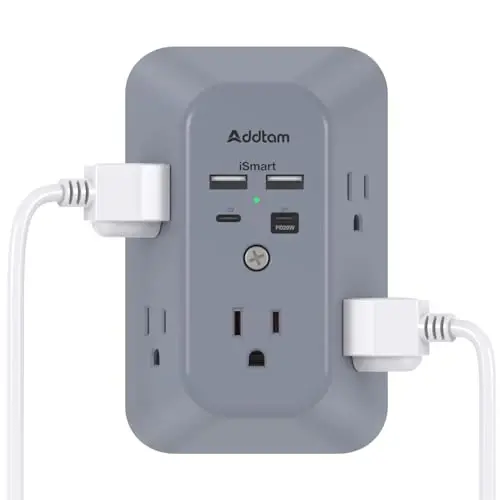 Addtam Surge Protector Outlet Extender, Multi Plug Wall Outlet with 4 USB Ports(PD 20W), 3-Sided 1800J Power Strip Plug Extension Outlet Splitter, Gray - 1