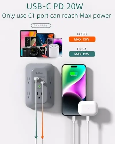 Addtam Aşırı Gerilim Koruyucu Priz Uzatıcı, 4 USB Portlu (PD 20W) Çoklu Priz Duvar Prizi, 3 Taraflı 1800J Akım Korumalı Priz Uzatma Çoklayıcı, Gri - 4