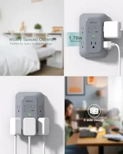Addtam Surge Protector Outlet Extender, Multi Plug Wall Outlet with 4 USB Ports(1 USB-C), 3-Sided 1800J Power Strip Plug Extension Outlet Splitter, Gray - 4