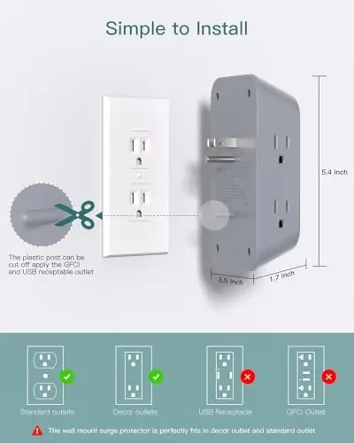 Addtam Surge Protector Outlet Extender, Multi Plug Wall Outlet with 4 USB Ports(1 USB-C), 3-Sided 1800J Power Strip Plug Extension Outlet Splitter, Gray - 6