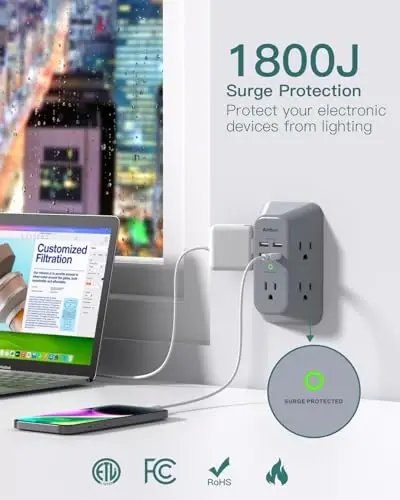Addtam Surge Protector Outlet Extender, Multi Plug Wall Outlet with 4 USB Ports(1 USB-C), 3 tomonli 1800J Power Strip Plug Extension Outlet Splitter, kulrang - 5
