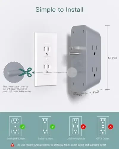 Addtam Surge Protector Outlet Extender, Multi Plug Wall Outlet with 4 USB Ports(2 USB-C), 3-Sided 1800J Power Strip Plug Extension Outlet Splitter, Gray - 6