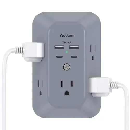 Addtam Surge Protector Outlet Extender, Multi Plug Wall Outlet with 4 USB Ports(2 USB-C), 3 tomonli 1800J quvvat tasmasi vilka uzaytirgichi, kulrang - ADDTAM