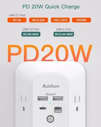 Addtam USB devor zaryadlovchi kuchlanishdan himoya qiluvchi, 4 USB zaryadlash portiga ega 5 rozetkali kengaytirgich 3 tomonlama 1800J quvvat tasmasi Multi Plug rozetkalari, uy ofisi uchun mo'ljallangan devor adapteri, PD 20W - 3
