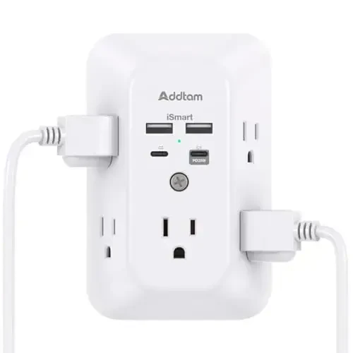 Addtam USB Wall Charger Surge Protector, 5 Outlet Extender with 4 USB Charging Ports 3 Sided 1800J Power Strip Multi Plug Outlets, Wall Adapter Spaced for Home Office, PD 20W 