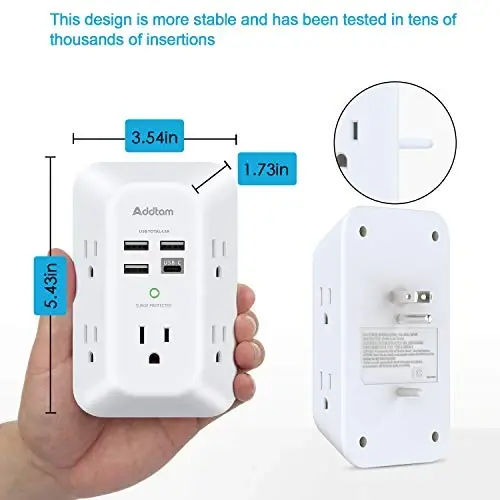 Addtam 5-Outlet Extender Surge Protector, Multi Plug Wall Outlet with 4 USB Wall Charger(1 USB C Ports), Outlet Splitter Power Strip for Home Office Dorm Room Essentials, Plug Extension Outlet 1800J 