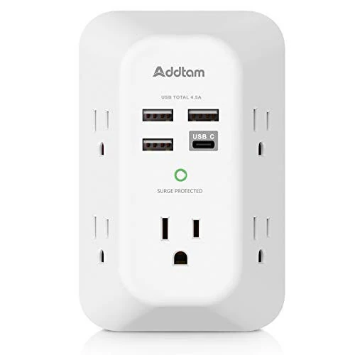 Addtam USB Wall Charger Surge Protector 5 Outlet Extender with 4 USB Charging Ports (1 USB C Outlet) 3 Sided 1800J Power Strip Multi Plug Outlets Wall Adapter Spaced for Home Travel Office ETL Listed 