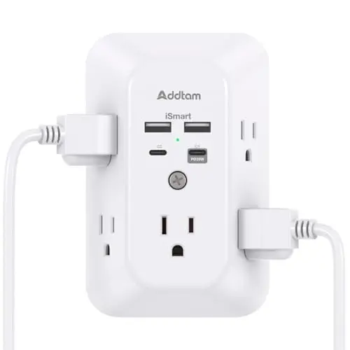 Addtam USB Wall Charger Surge Protector, 5 Outlet Extender with 4 USB Charging Ports 3 Sided 1800J Power Strip Multi Plug Outlets, Wall Adapter Spaced for Home Office, PD 20W 