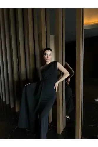 ADEL ONE SHOULDER LONG ELEGANT DRESS BLACK-BLACK - 1
