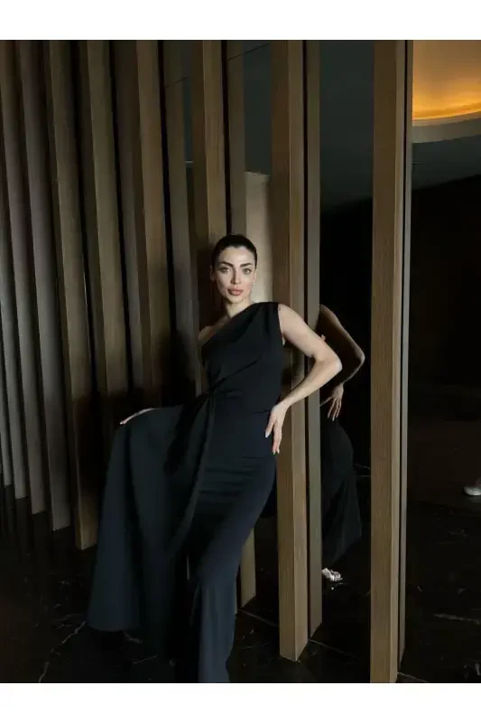 ADEL ONE SHOULDER LONG ELEGANT DRESS BLACK-BLACK - 1