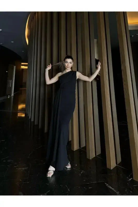 ADEL ONE SHOULDER LONG ELEGANT DRESS BLACK-BLACK - 3