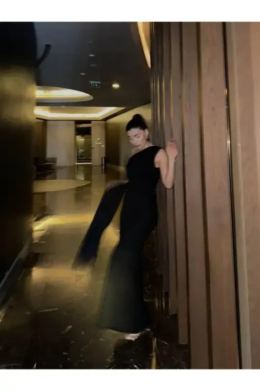 ADEL ONE SHOULDER LONG ELEGANT DRESS BLACK-BLACK - 4