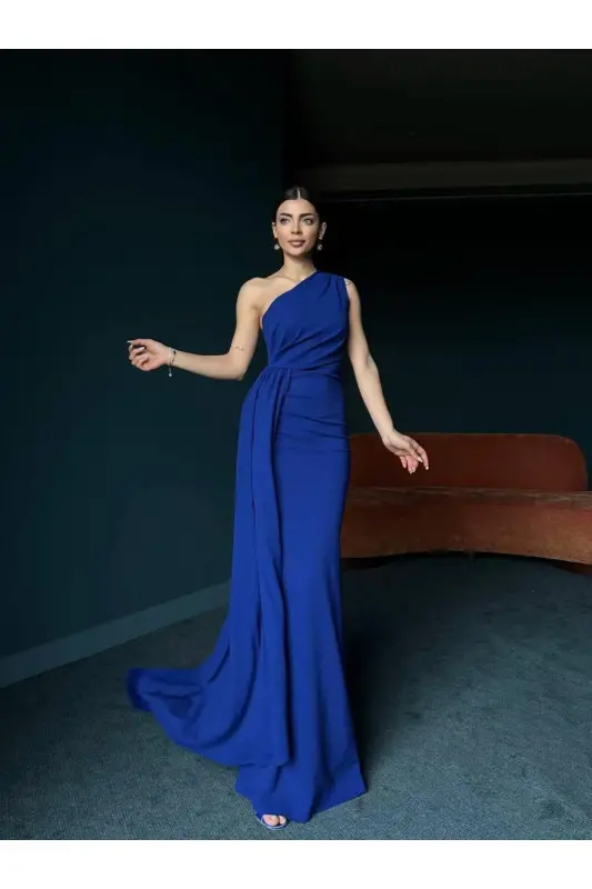 Adel One Shoulder Long Stylish Dress Sax-Sax - 3