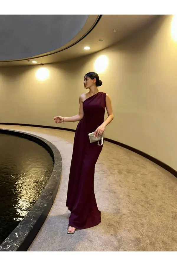 Adel Tek Omuz Uzun Şık Elbise Bordo-BORDO - 4