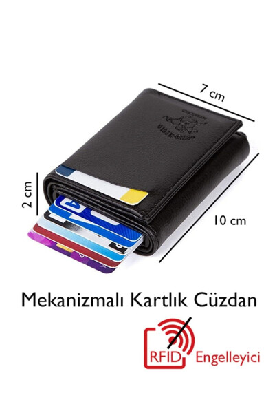 Adelina Unisex Siyah Deri Mekanizmalı Otomatik Kızaklı Kartlık Cüzdan (7CMX10CM) - 1