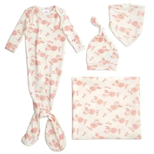 aden + anais Tug'ilgan chaqaloqlar uchun tugunli ko'ylak, o'ralgan adyol, chaqaloq shapkasi va bandanali so'lakcha, 0-3 oylik Snuggle Knit sovg'a to'plami, Yulduz 