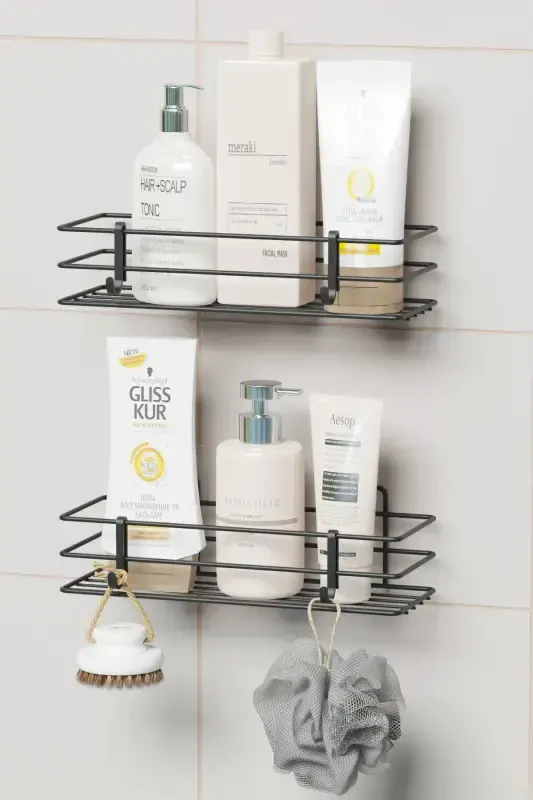 Adhesive 2-Piece Set Bathroom Shelf Shower Shampoo Holder Wall Organizer - 1